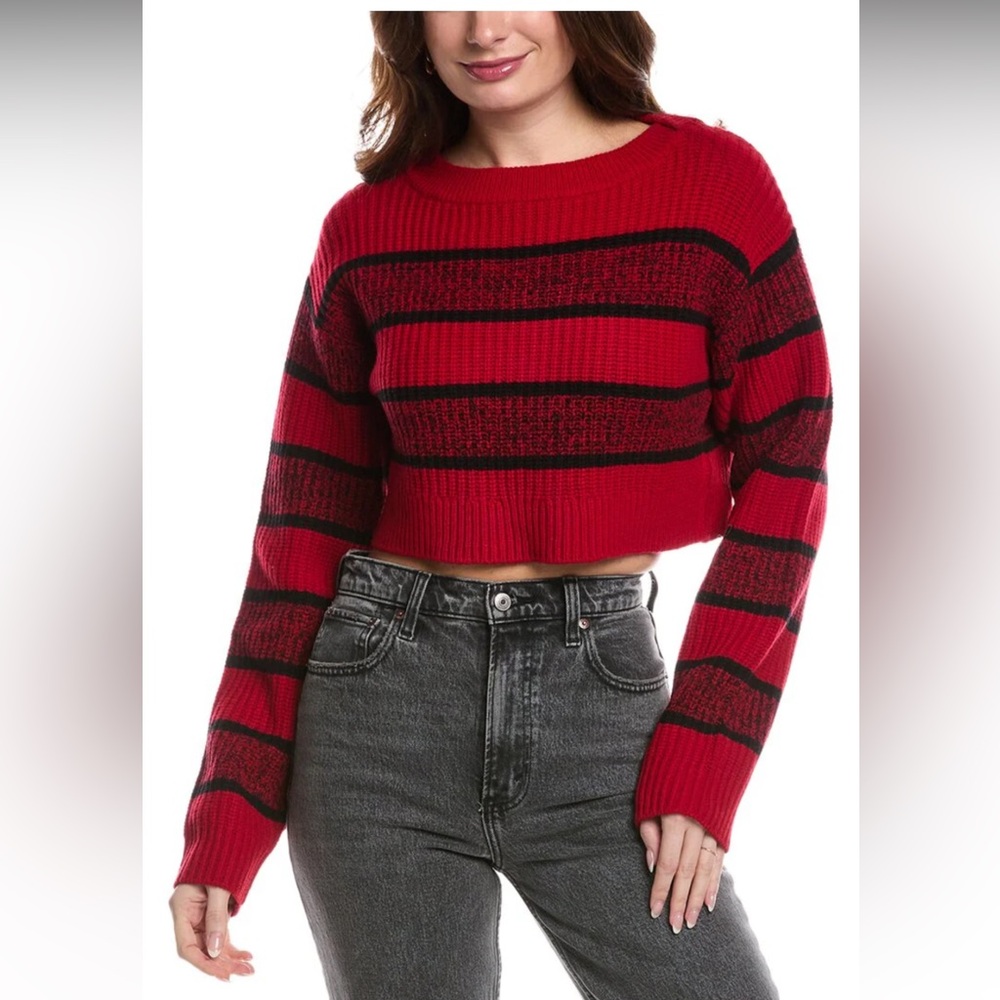 Re/Done Black & Red‎ Cropped Boatneck Pullover Knit Sweater, Size Large